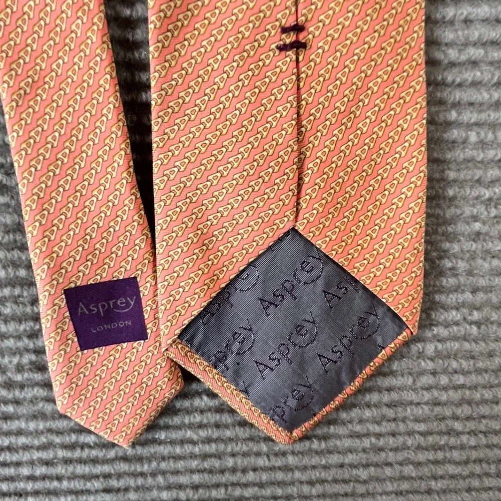 Asprey London Mens Silk Necktie Orange Micro Geometric Pattern‎ Luxury Tie